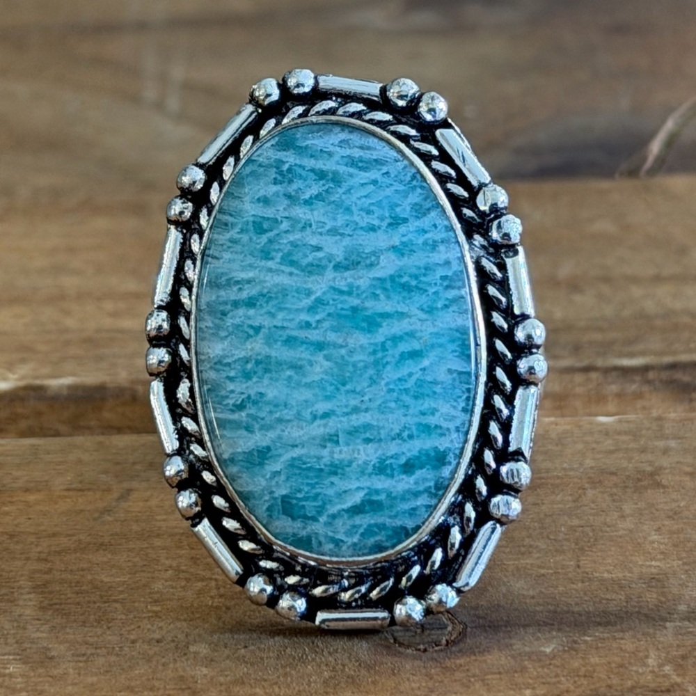 Vintage Style Genuine Amazonite Quartz Gemstone Ring Size 6 Silver 925 Plated